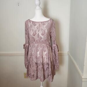 Free People Dress XS Womens Mini Crochet Lace Sheer Mauve Purple Boho Coquette